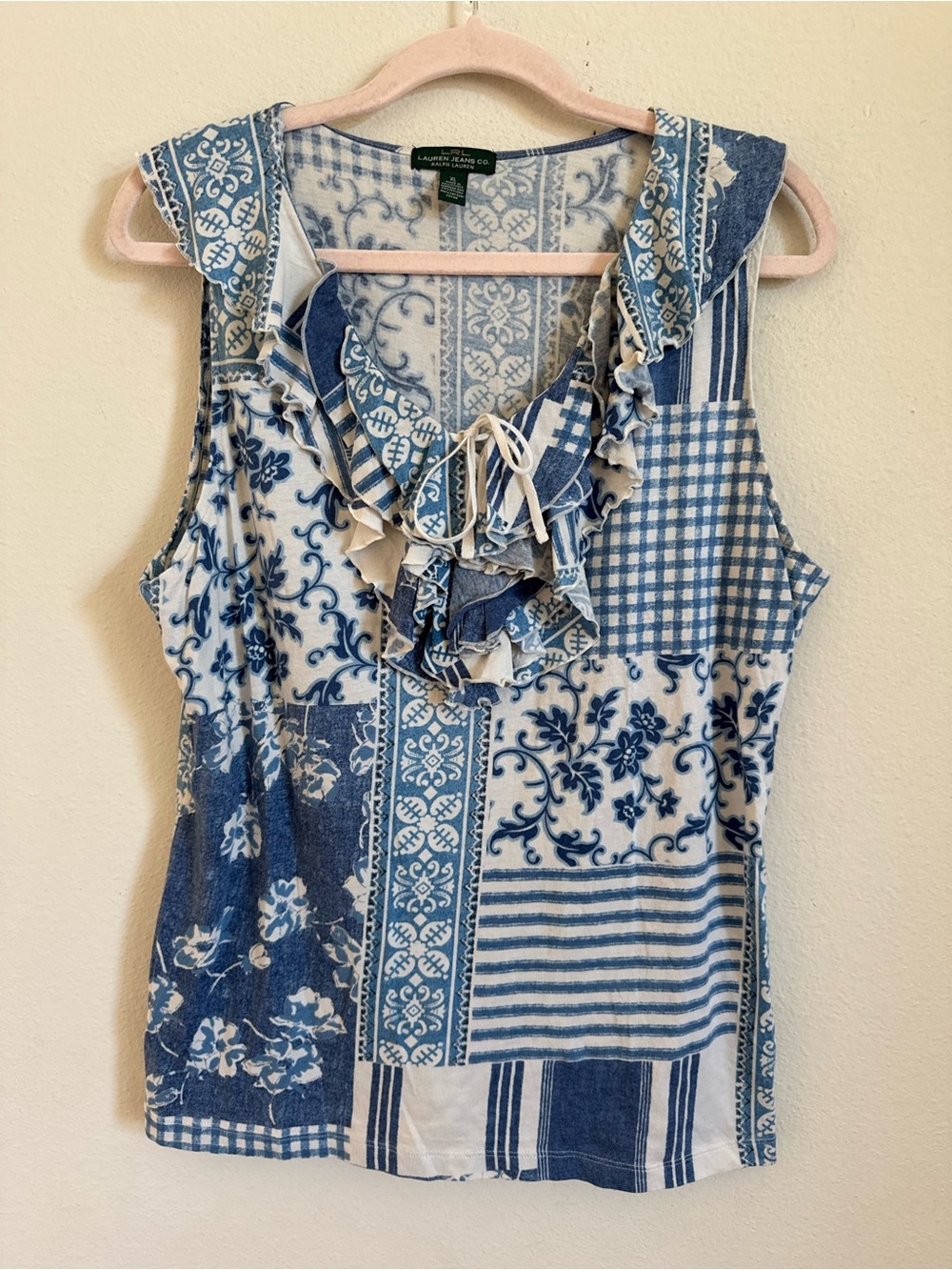 Ralph Lauren Blue Cream Americana Boho Patchwork Ruffle Tank Top size XL